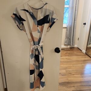 Abstract Print Midi Dress - Blue, Cream, and Tan